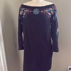 Johnny Was Black Off-Shoulder Long Sleeve Midi Dress